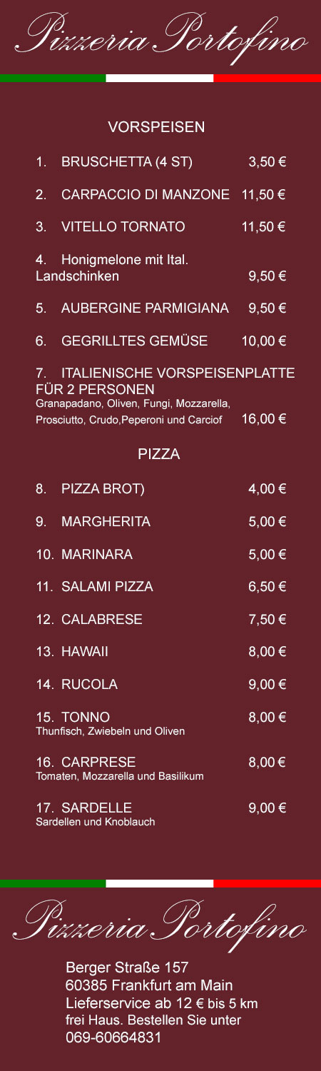 Speisekarte Pizzeria Portofino Berger Straße 157, Frankfurt